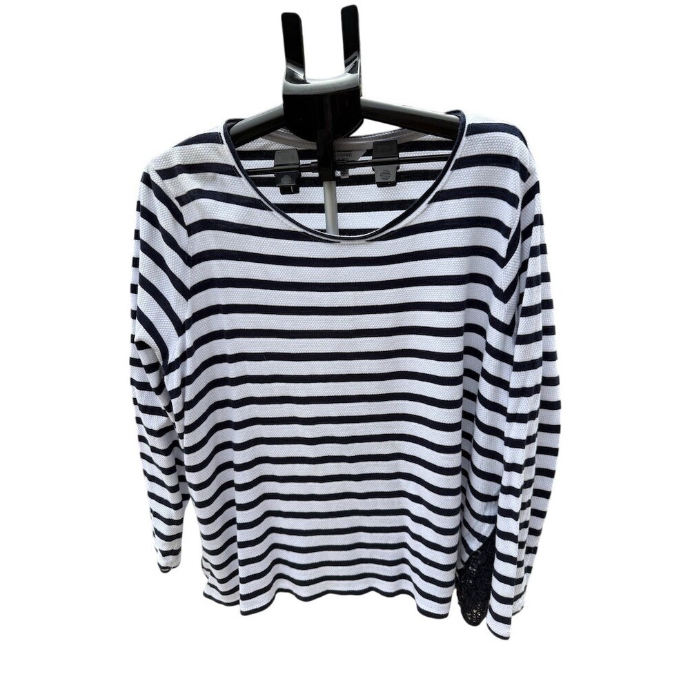 Crown & Ivy Top Womens XL Navy White Striped Scoop Neck Long Sleeve Lace